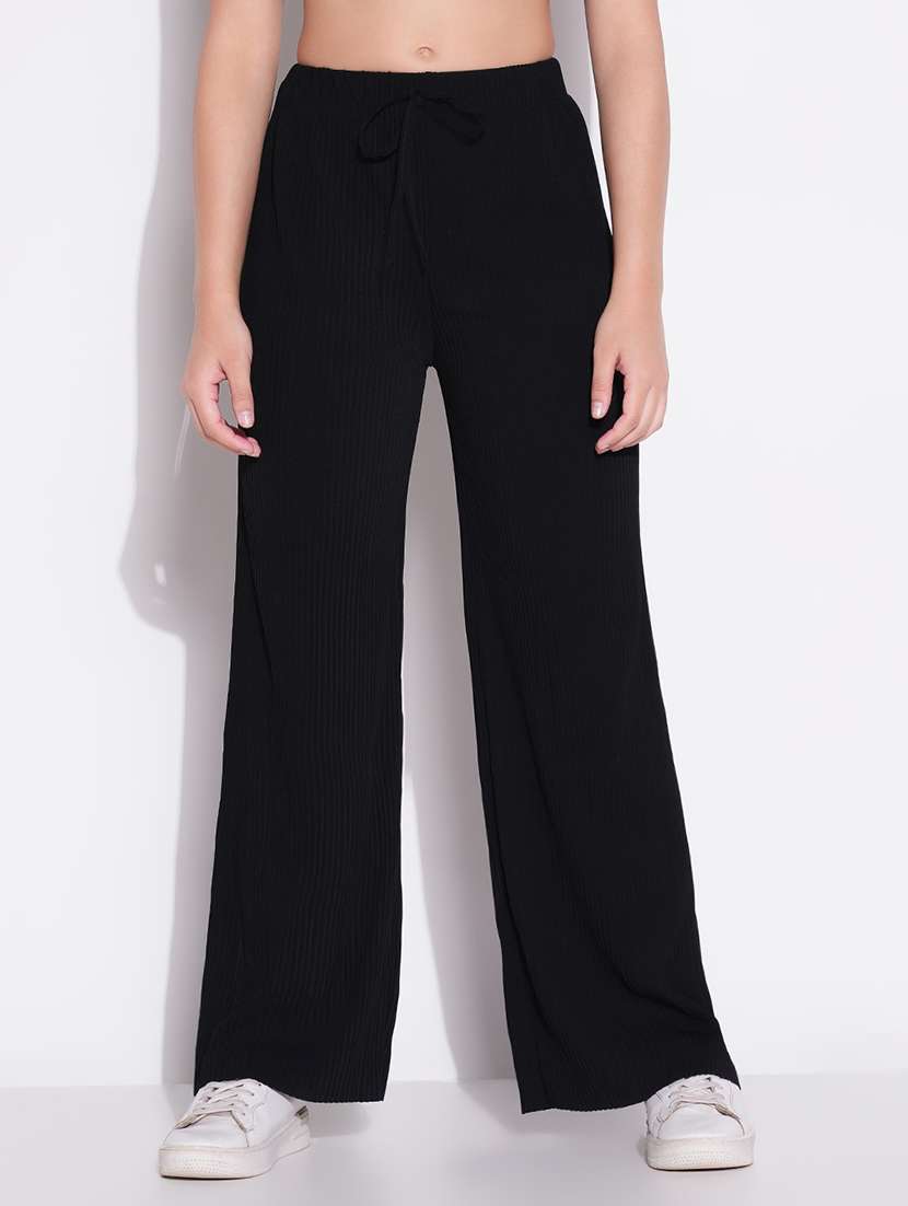 women solid high rise wide leg trouser