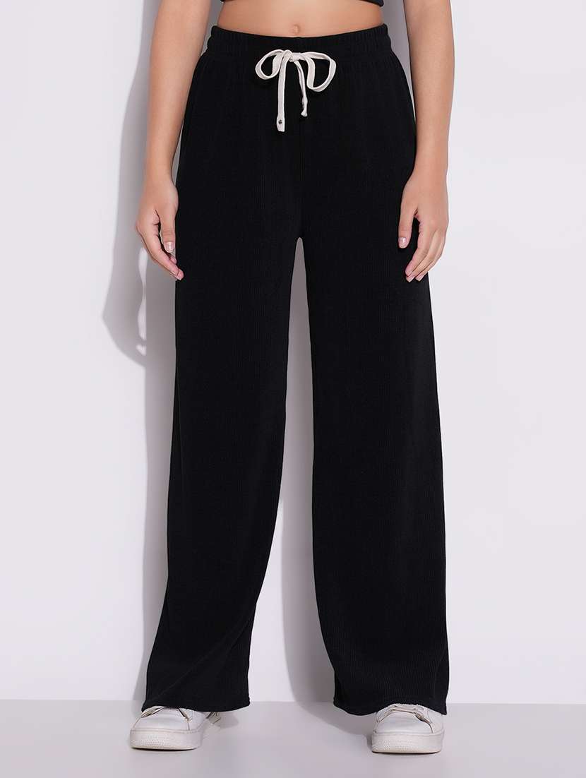 women solid high rise wide leg trouser