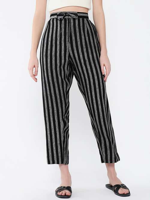 women black stripes ankle length peg trouser - 21643554 -  Standard Image - 0