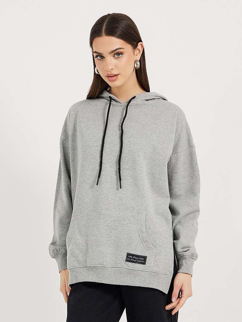 women solid hooded long sleeves sweatshirt