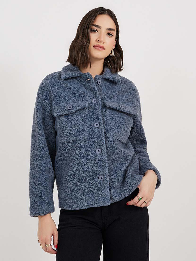 women blue solid long sleeve fur jacket - 21643748 - Zoom Image - 0