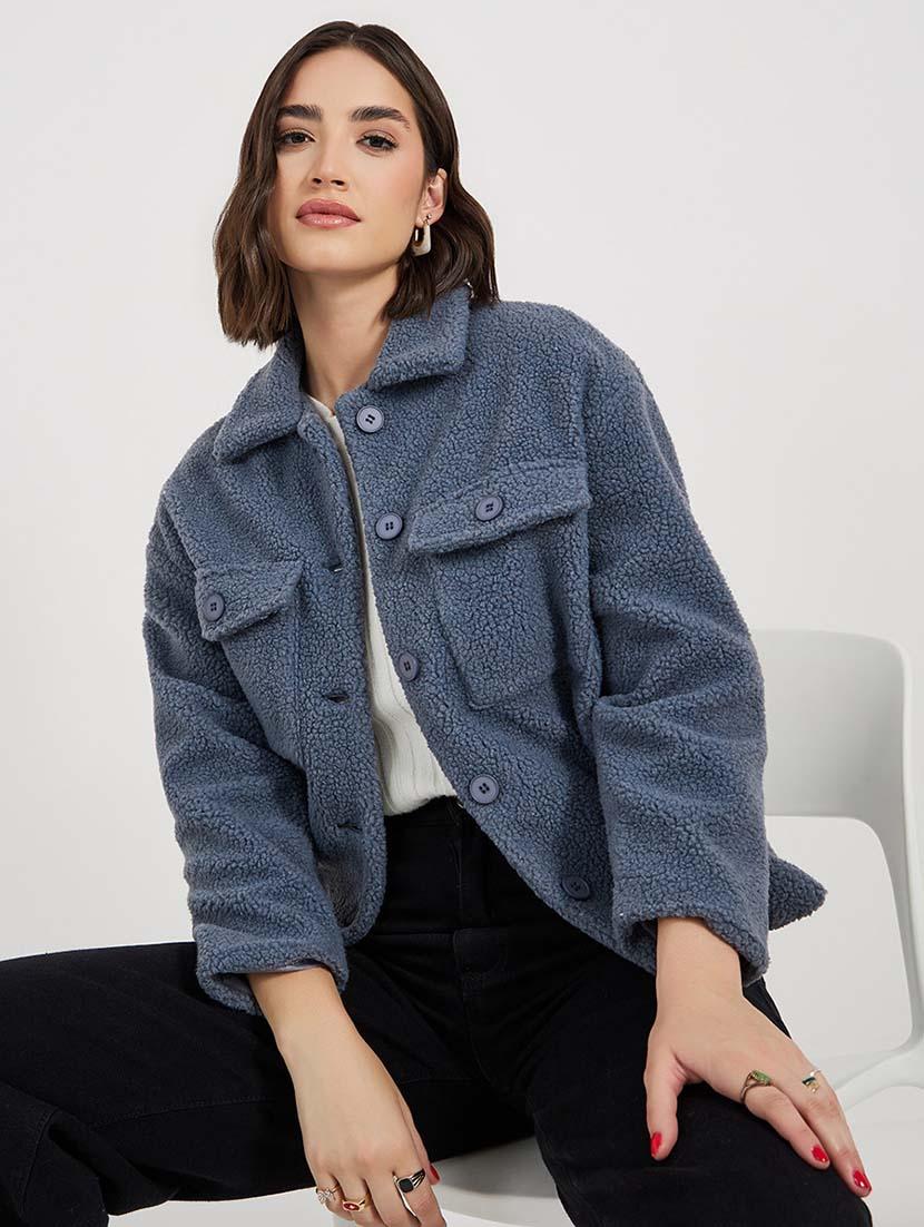 women blue solid long sleeve fur jacket - 21643748 - Standard Image - 1