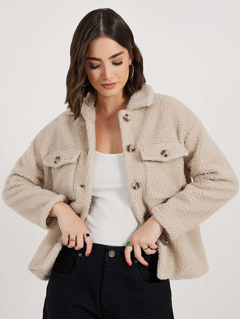 women beige solid long sleeve fur jacket - 21643749 - Standard Image - 1
