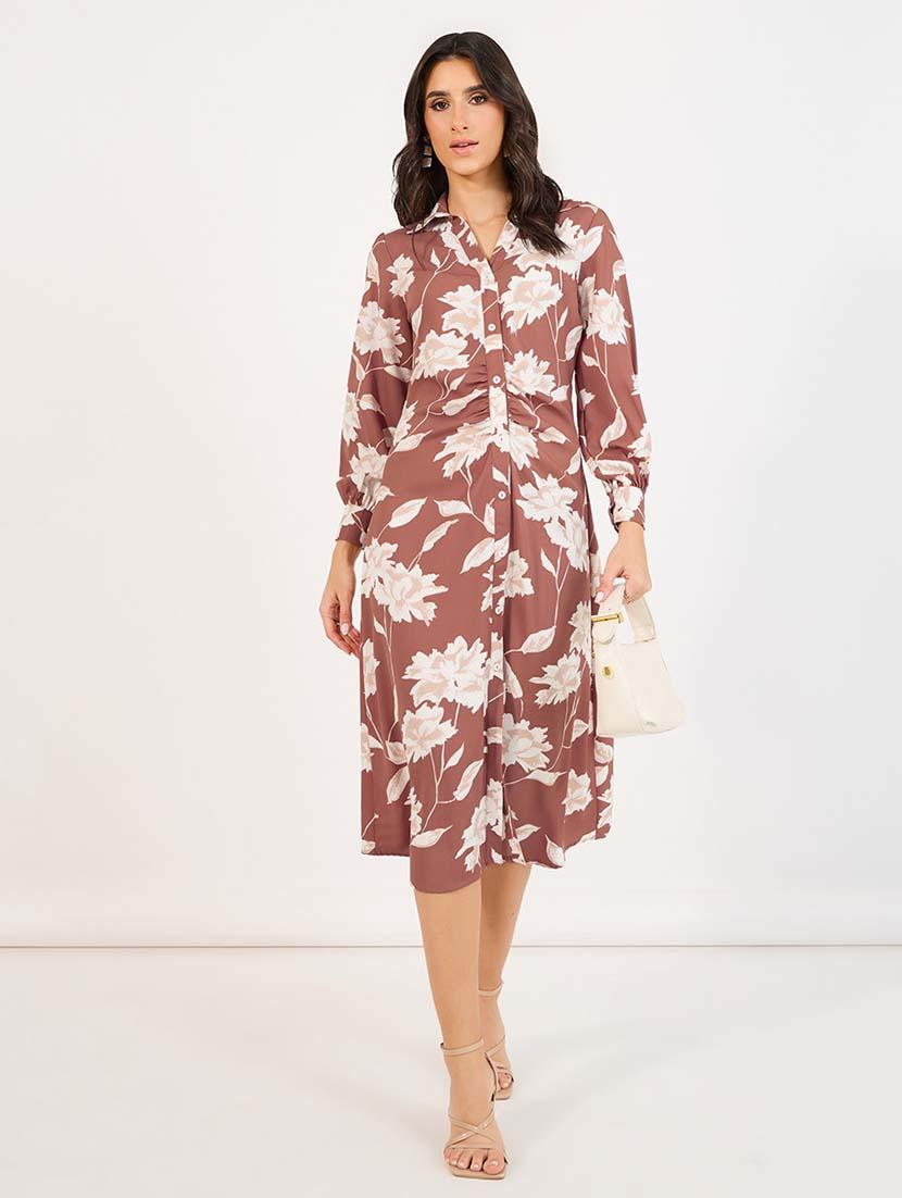 women brown floral collared neck a-line dress - 21643754 - Zoom Image - 0