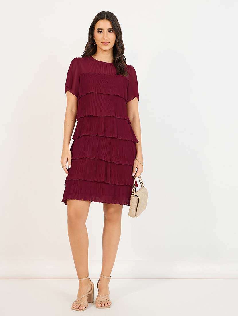 women maroon solid round neck layered dress - 21643756 -  Standard Image - 1