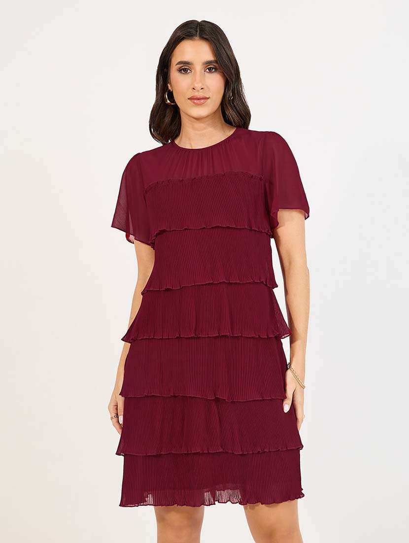 women maroon solid round neck layered dress - 21643756 -  Standard Image - 4