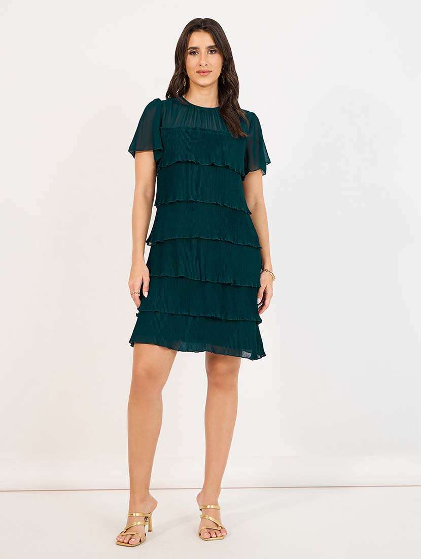 women teal solid round neck layered dress - 21643757 -  Standard Image - 1