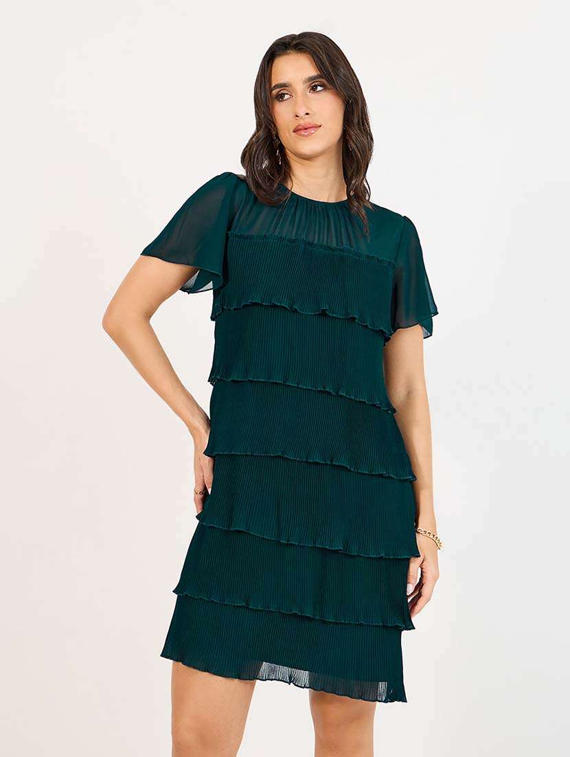women teal solid round neck layered dress - 21643757 -  Standard Image - 4
