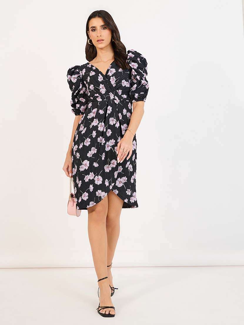women black florals puff sleeve asymmetric dress - 21643760 -  Standard Image - 1