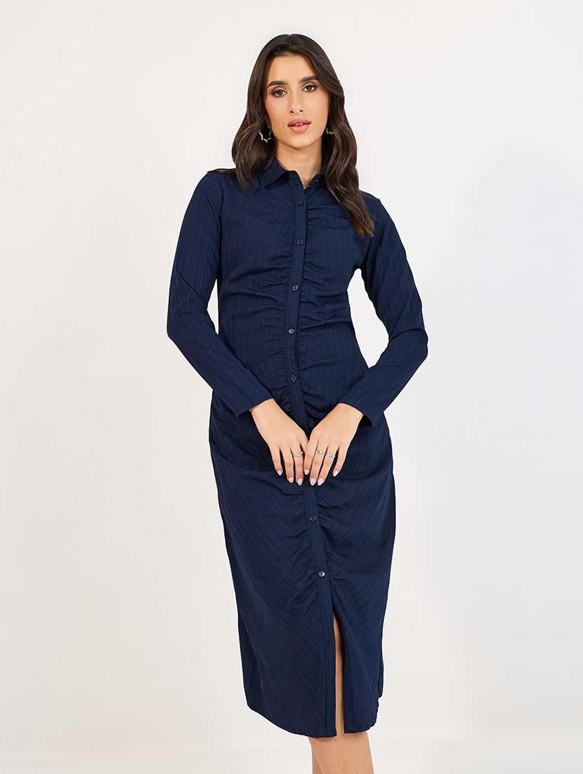 women blue solid long sleeve collared neck a-line dress - 21643761 - Standard Image - 1