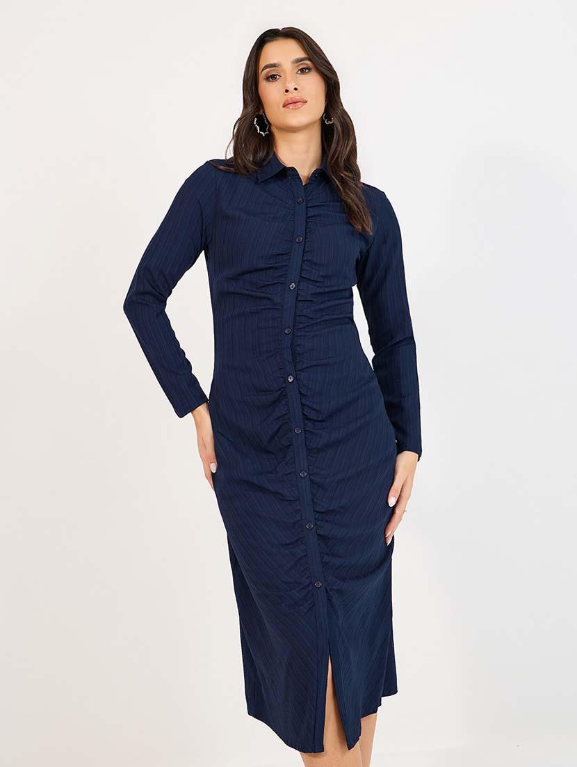 women blue solid long sleeve collared neck a-line dress - 21643761 - Standard Image - 4