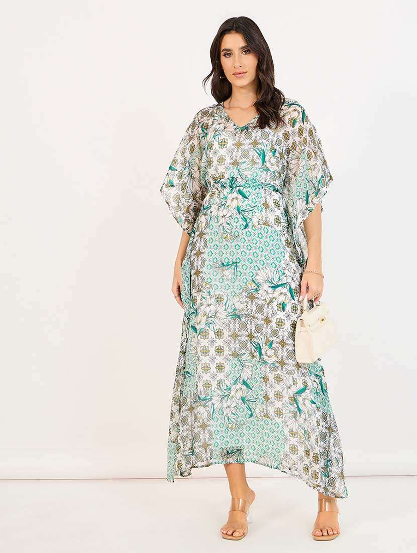 women printed v neck kimono sleeve a-line dress