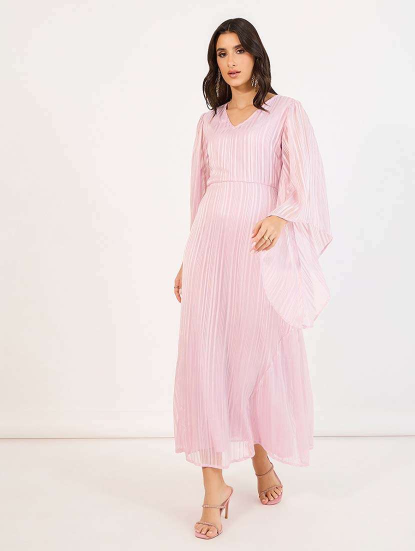 women pink stripes v neck a-line dress - 21643763 -  Standard Image - 1