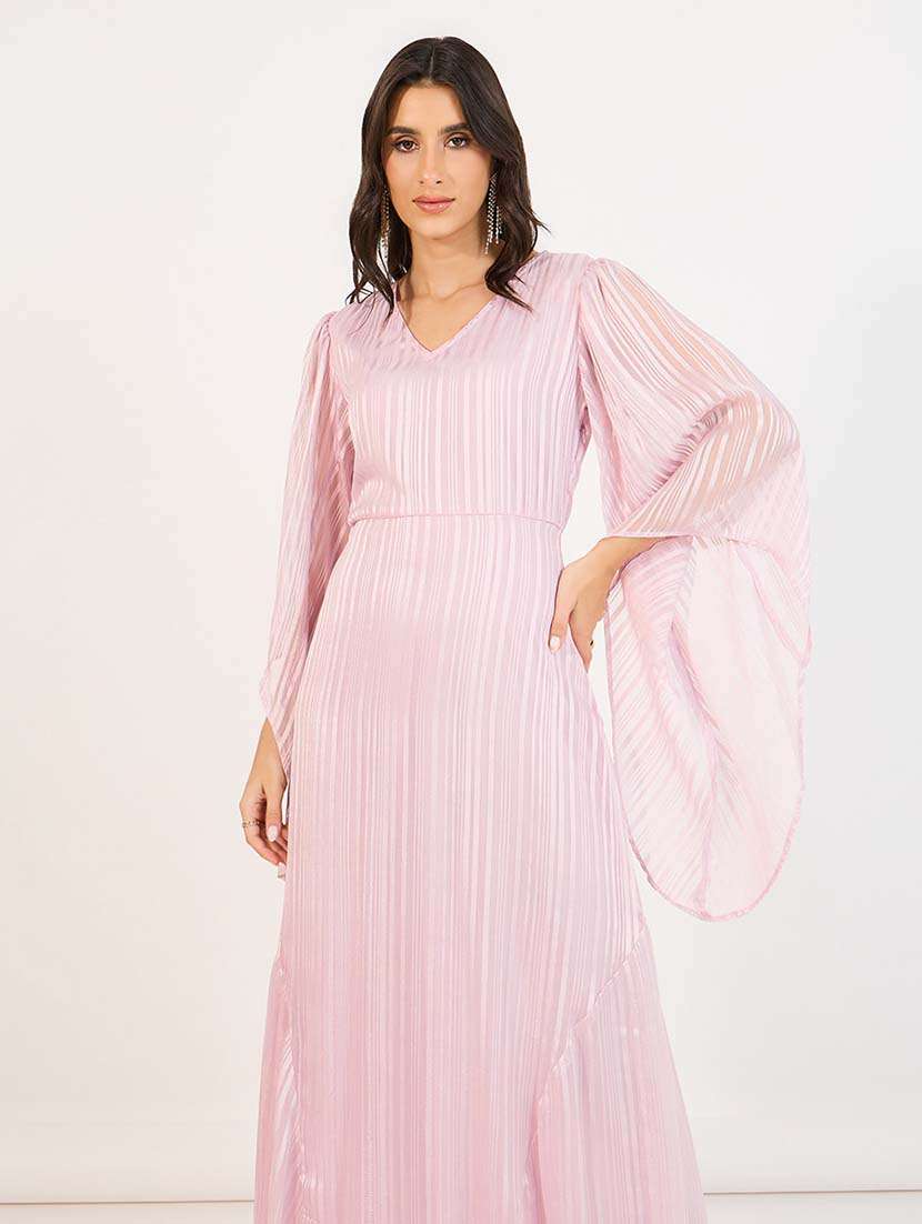 women pink stripes v neck a-line dress - 21643763 -  Standard Image - 4