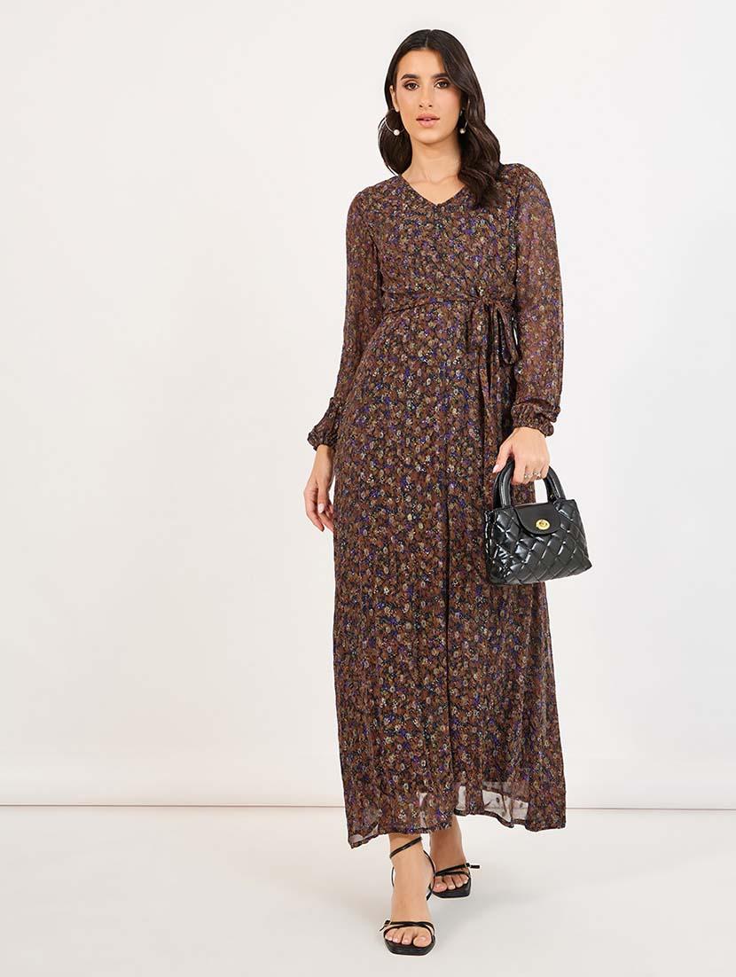 women brown floral long sleeve wrap dress - 21643764 - Standard Image - 1