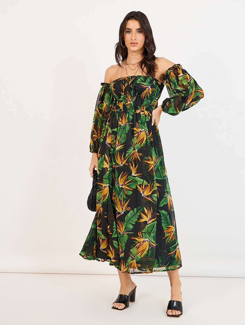 women black printed off shoulder neck a-line dress - 21643768 -  Standard Image - 1