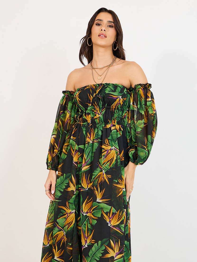women black printed off shoulder neck a-line dress - 21643768 -  Standard Image - 4