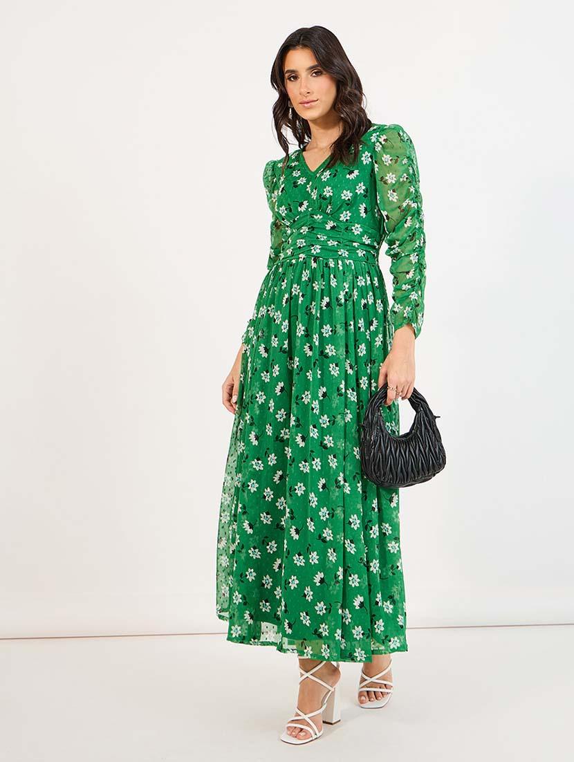 women green florals long sleeve fit & flare dress - 21643772 - Standard Image - 1