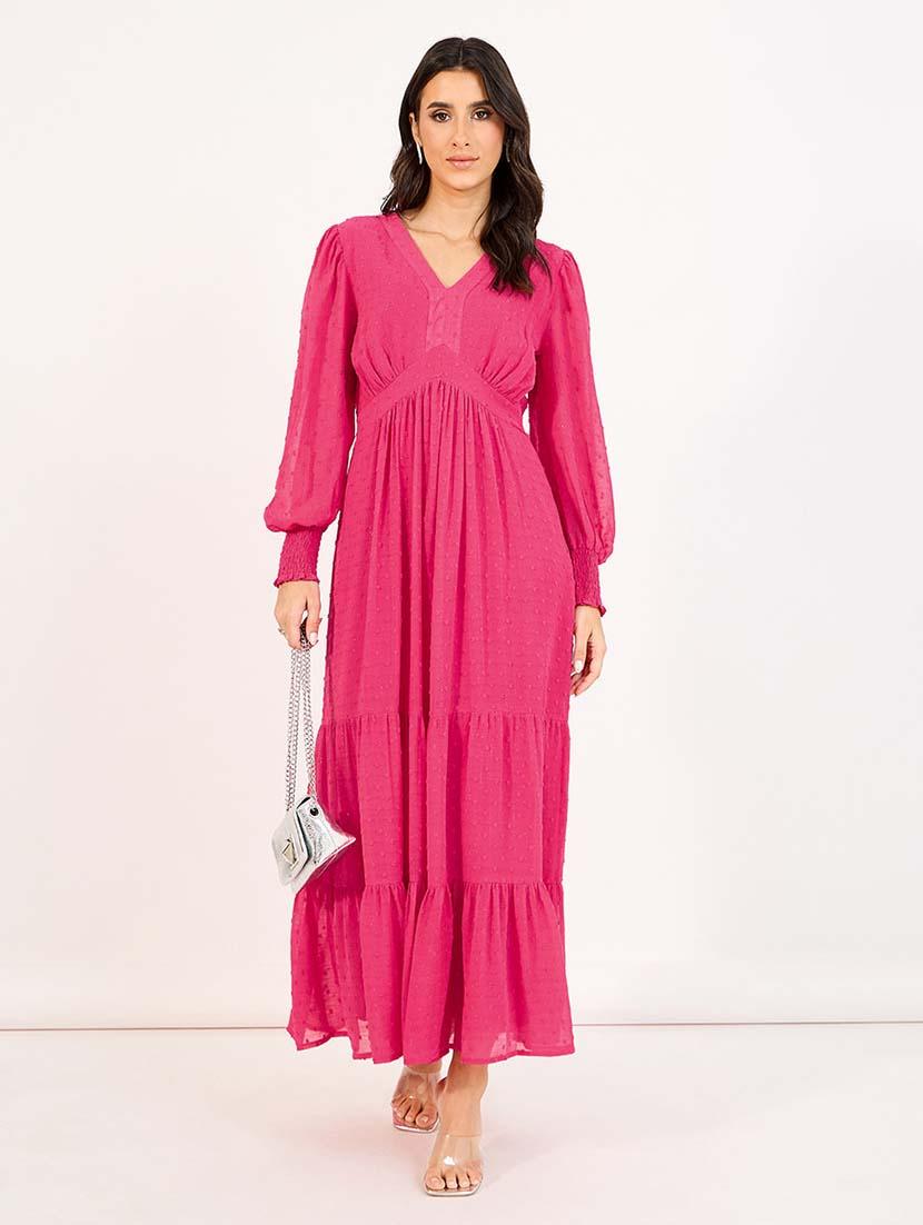 women pink solid long sleeve tiered dress - 21643773 - Standard Image - 1
