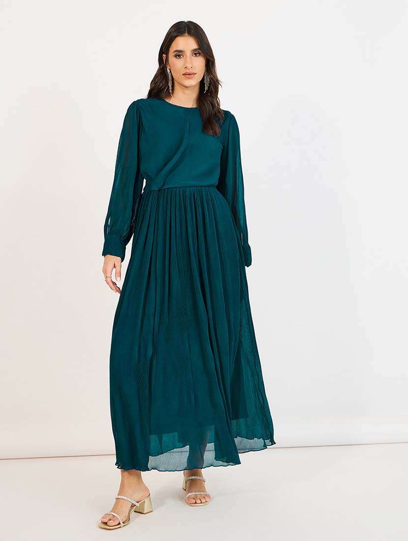 women teal solid long sleeve fit & flare dress