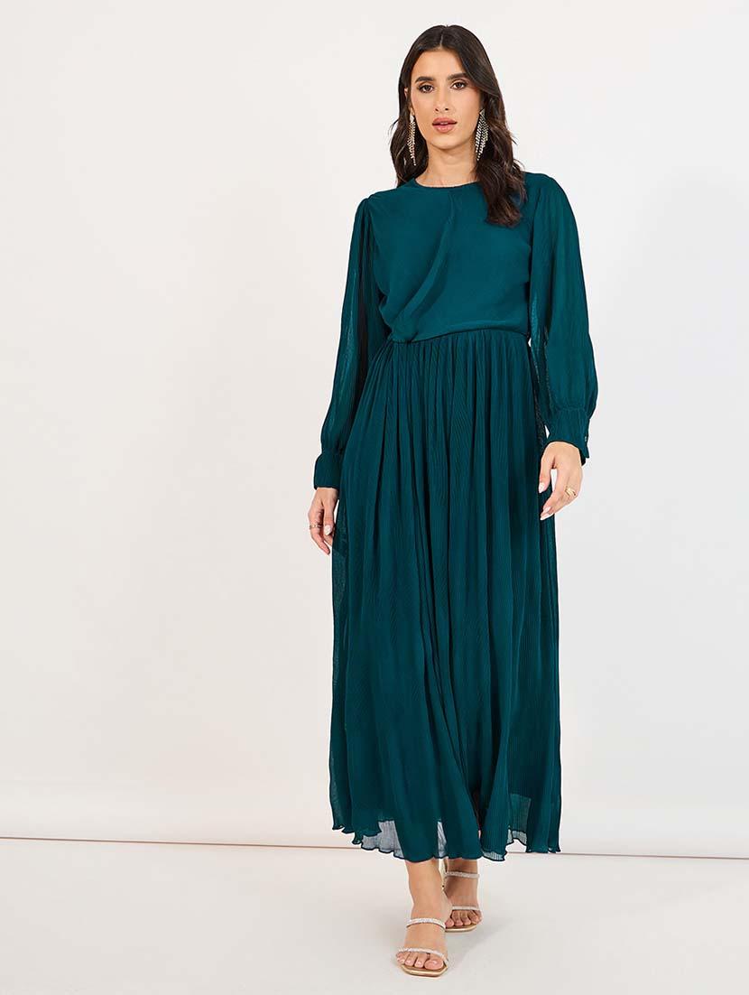 women teal solid long sleeve fit & flare dress - 21643779 - Standard Image - 1