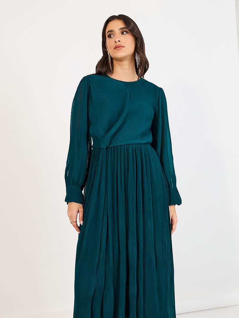women teal solid long sleeve fit & flare dress - 21643779 - Standard Image - 4