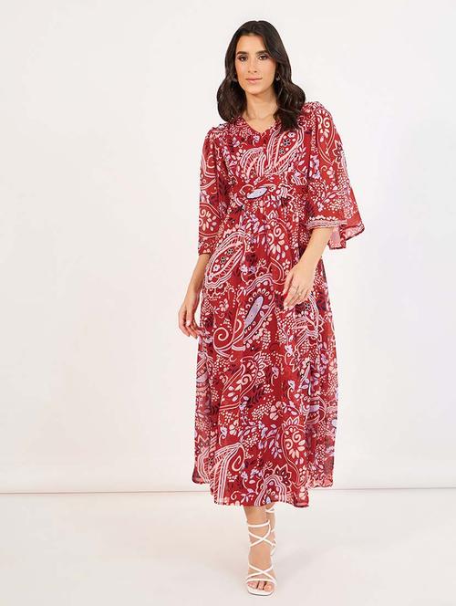 women red printed v neck fit & flare dress - 21643780 -  Standard Image - 0