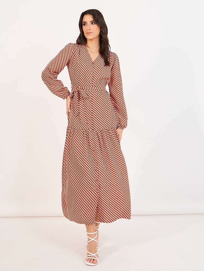 women striped puff sleeves tiered dress