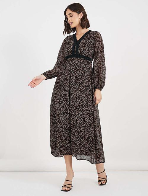 women animal print puff sleeves a-line dress - 21643794 -  Standard Image - 0