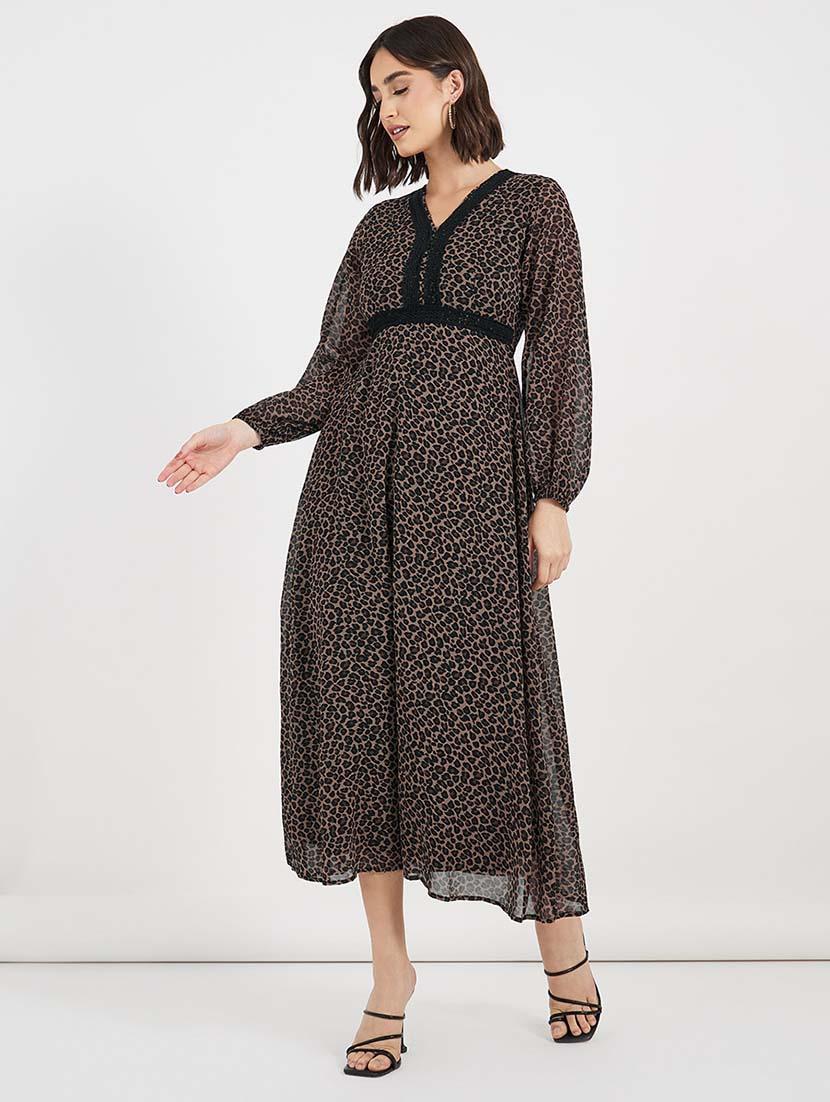 women animal print puff sleeves a-line dress - 21643794 -  Zoom Image - 0