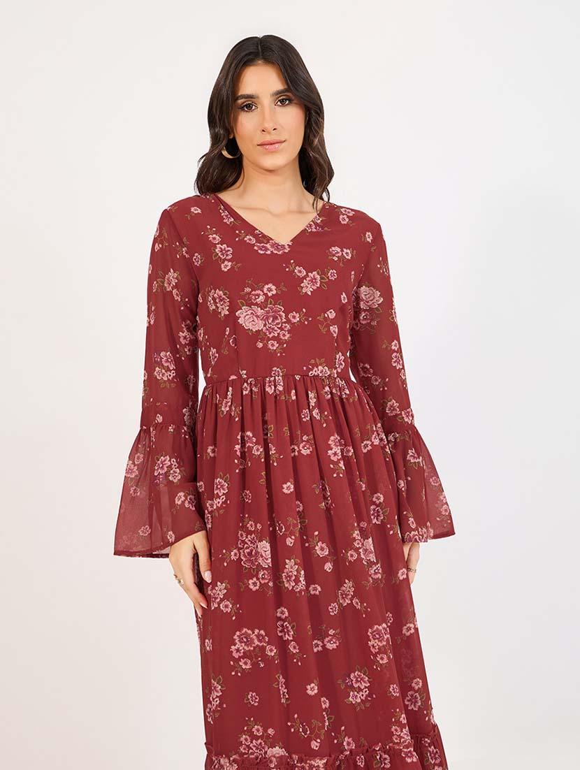 women printed bell sleeves tiered dress - 21643797 - Standard Image - 1