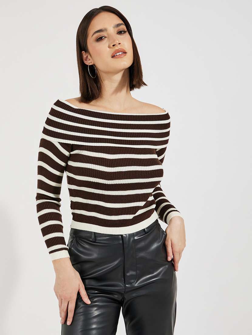women striped off shoulder pullover