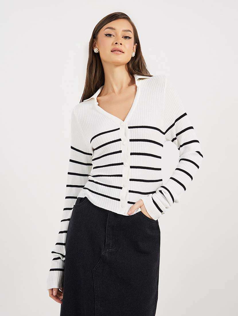 women striped long sleeves cardigan - 21643820 -  Zoom Image - 0