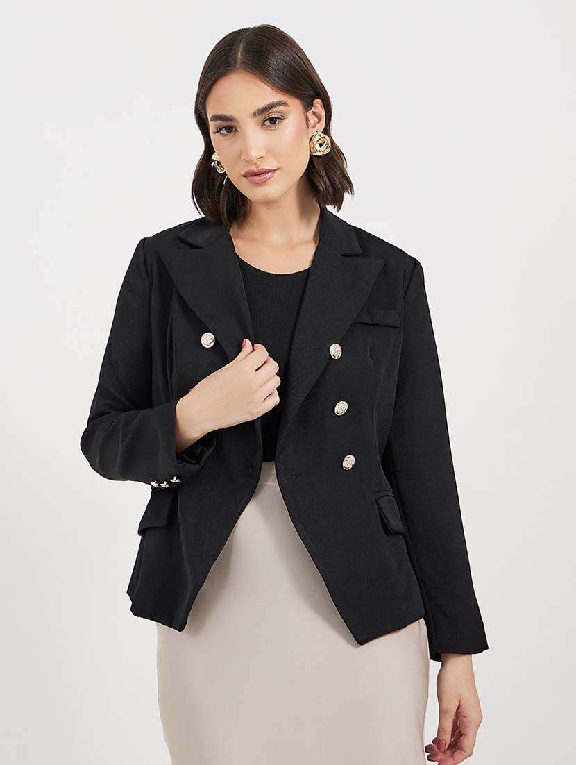 women solid long sleeves double breasted blazer - 21643825 -  Standard Image - 1