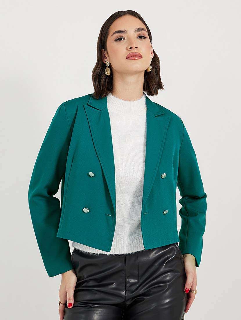 women solid long sleeves double breasted blazer