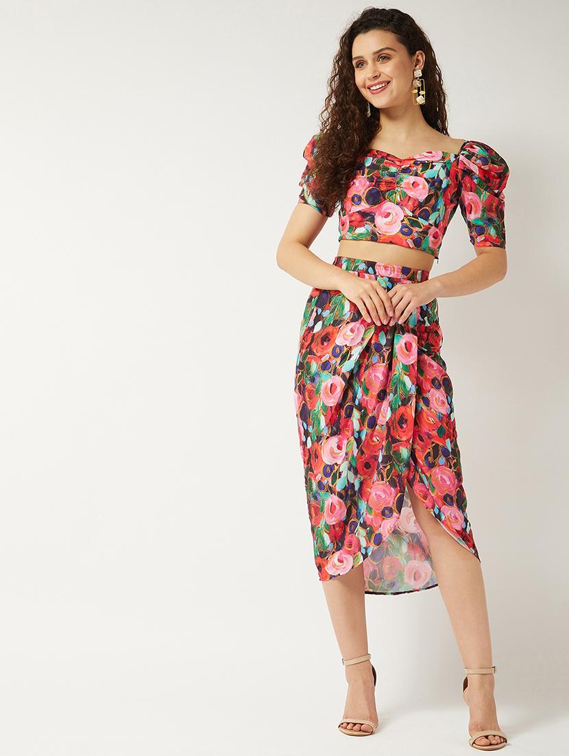 women multi color printed top and skirts co-ords set