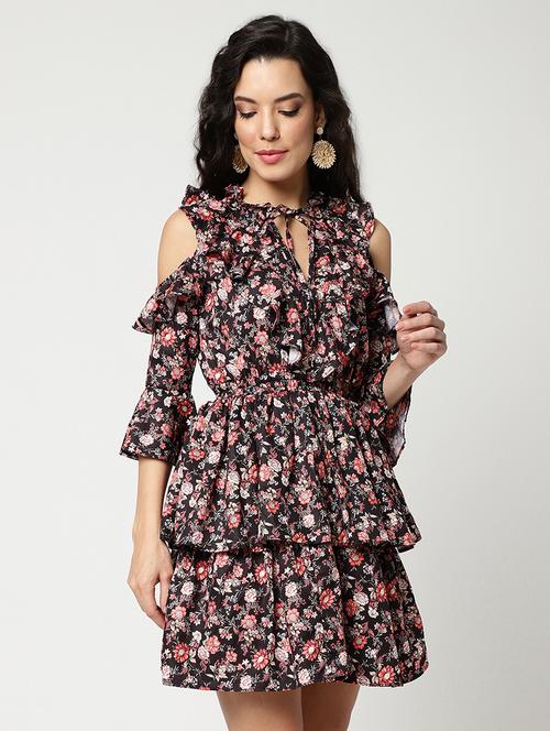women printed cold shouder layered dress - 21643976 - Standard Image - 0