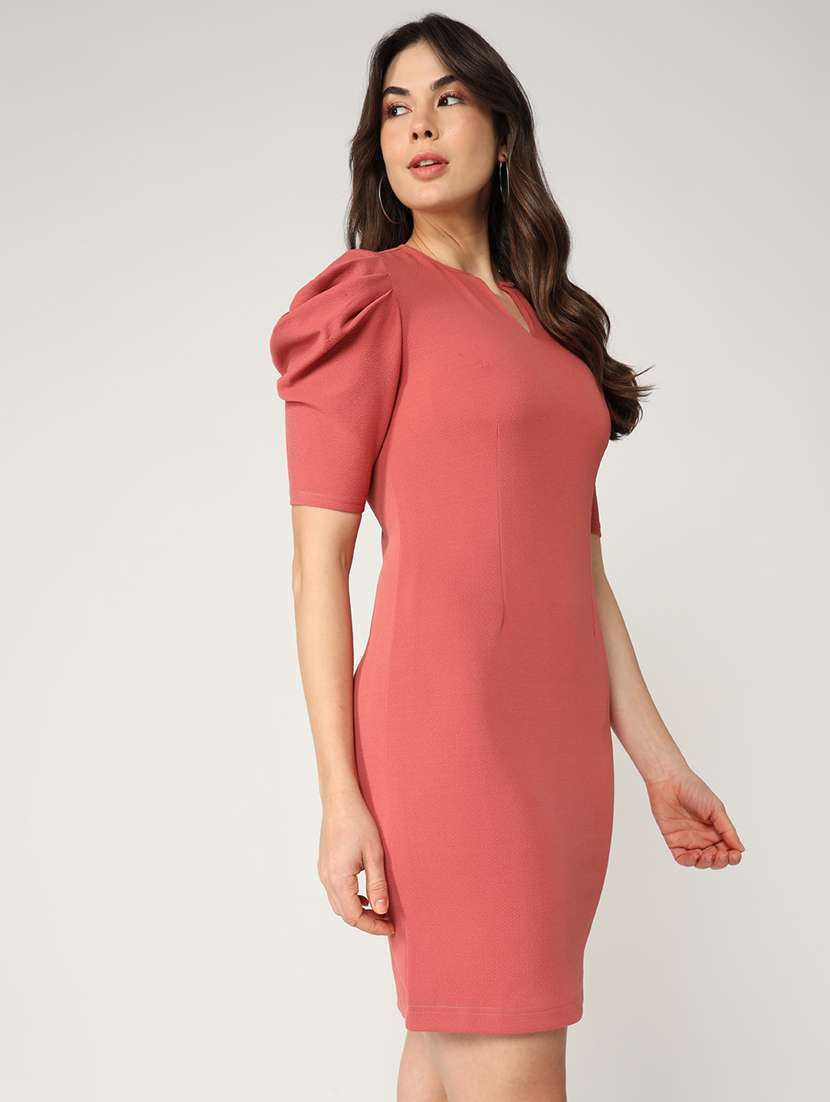 women solid puff sleeves bodycon dress