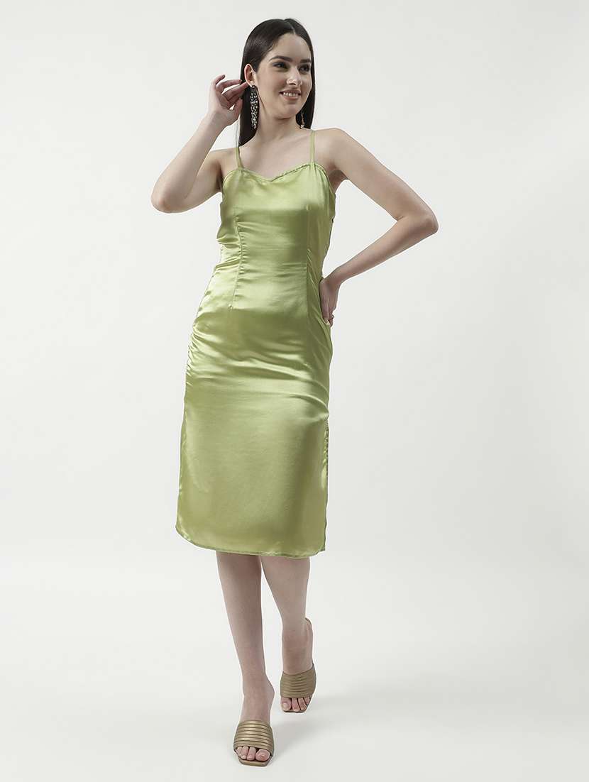 women solid satin sheath dress