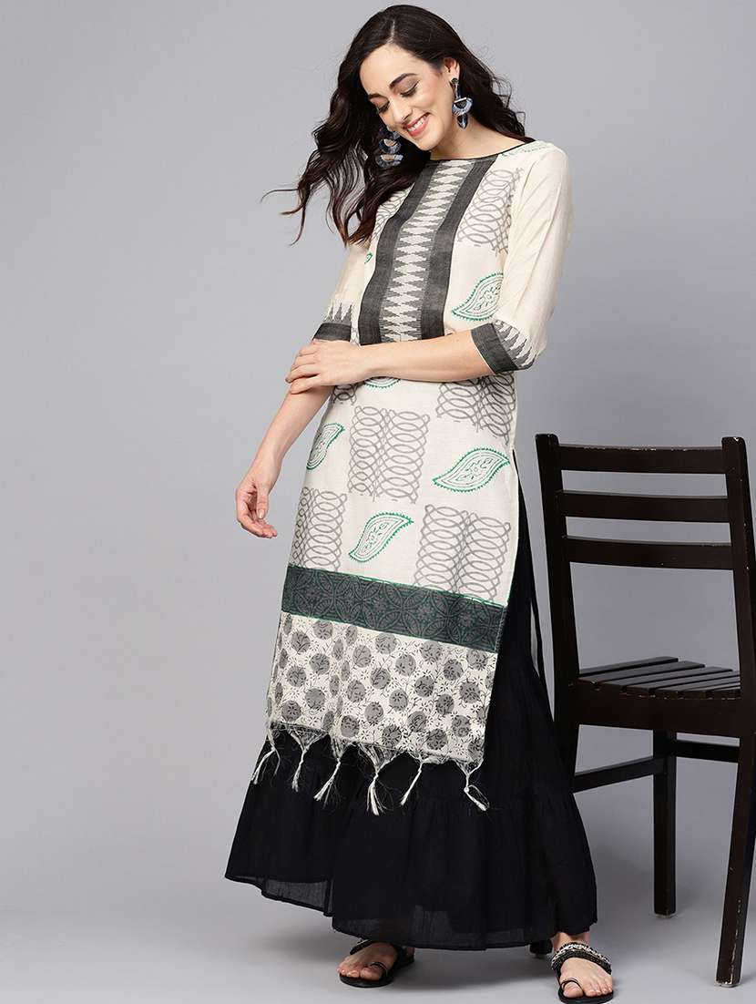 women off white printed round neck straight kurta
