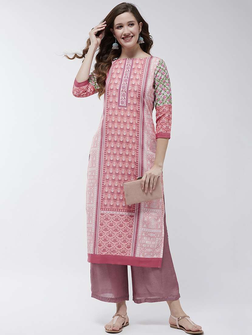 women printed round neck straight kurta