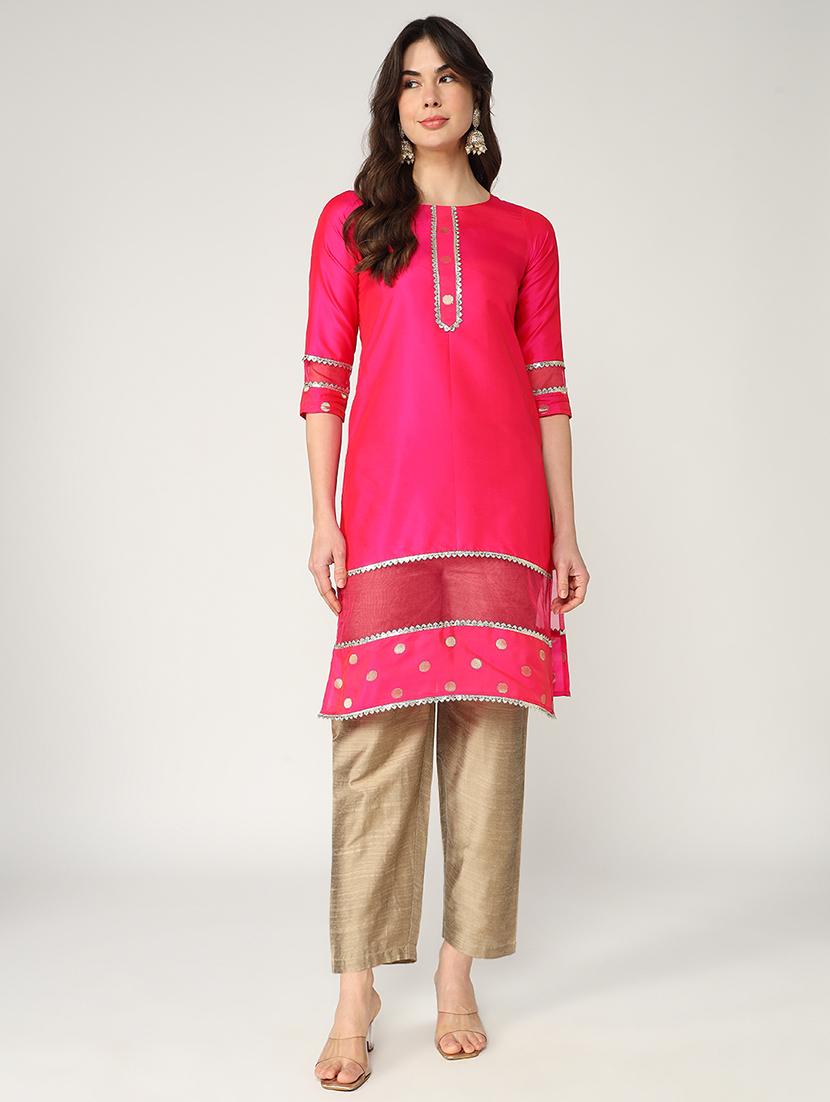 women pink three quarter sleeve straight kurta - 21644065 - Zoom Image - 0