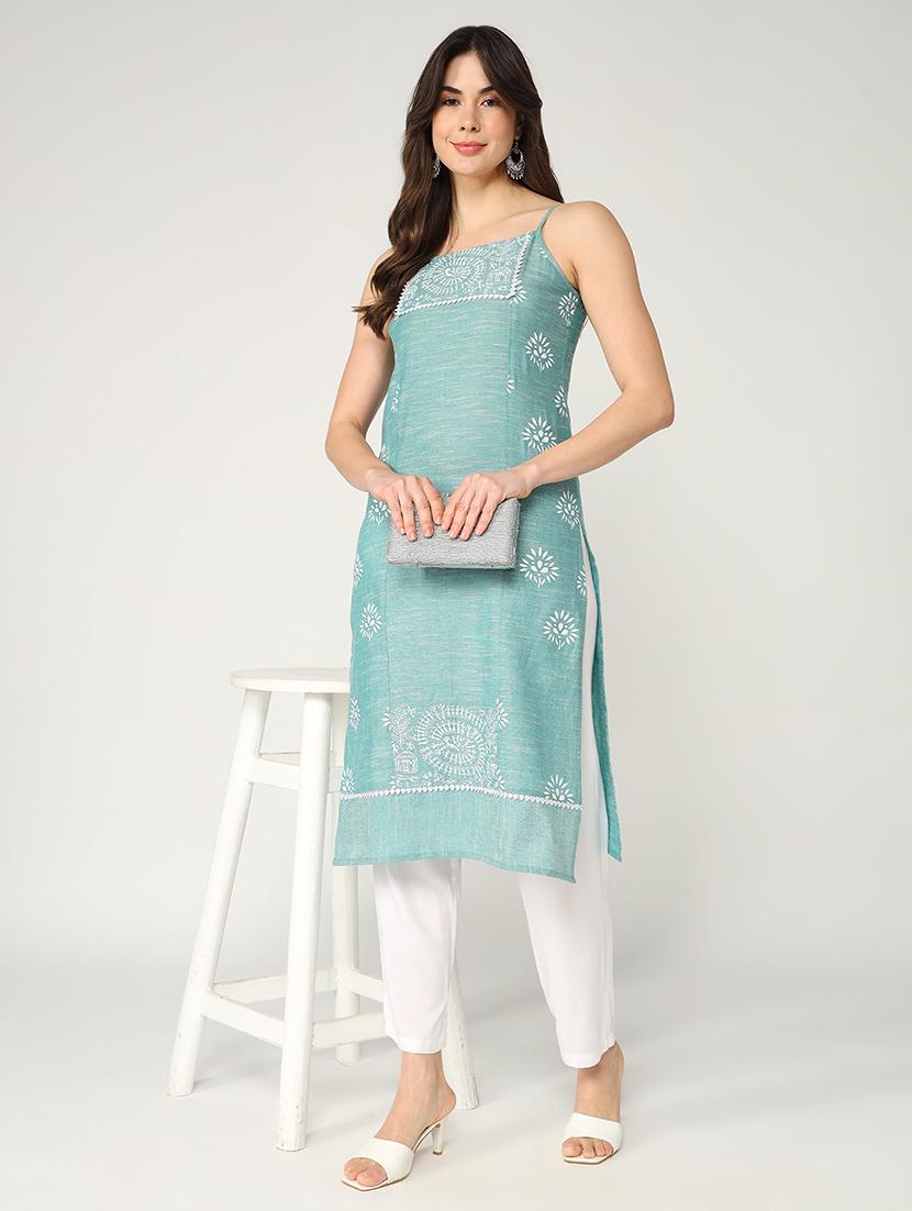 women printed sleeveless straight kurta