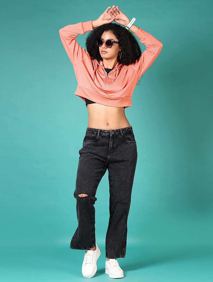 women solid long sleeve cropped sweatshirts - 21644105 -  Standard Image - 4
