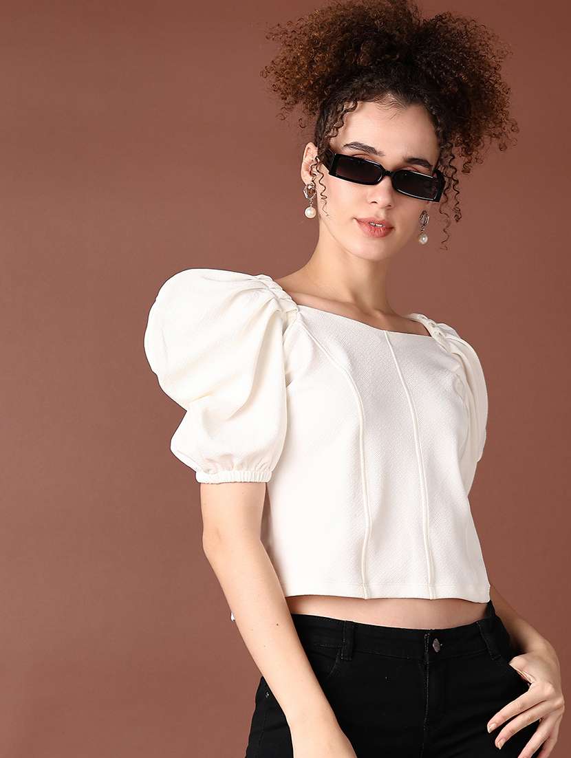women solid puff sleeve crop top - 21644137 -  Standard Image - 1