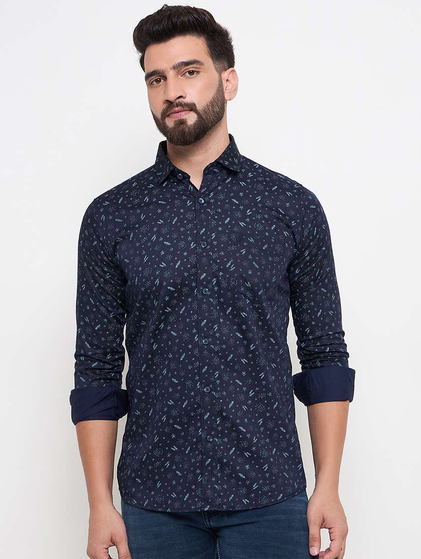 men slim fit printed long sleeve casual shirt