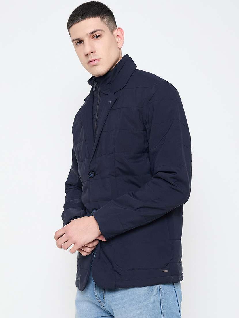 men blue solid long sleeves quilted jacket - 21644381 - Standard Image - 1