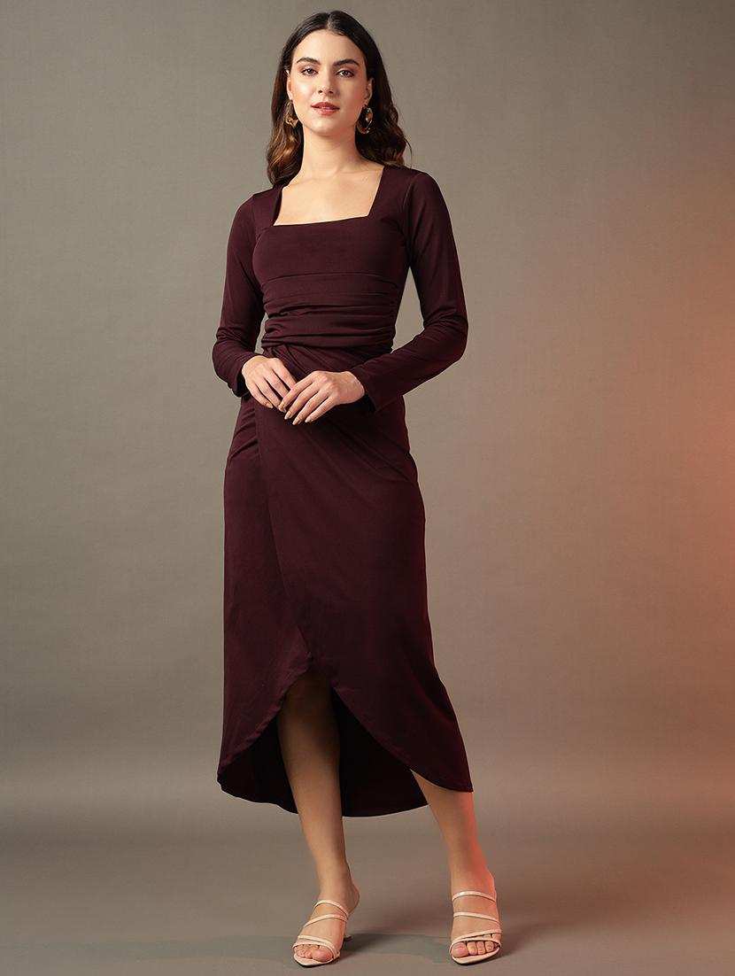 women solid long sleeves wrap dress - 21644417 -  Zoom Image - 0