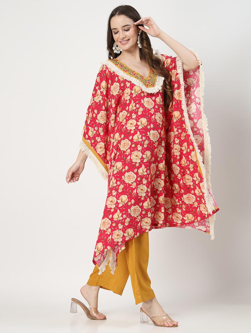 women red floral printed v neck kaftan set - 21644426 -  Standard Image - 1