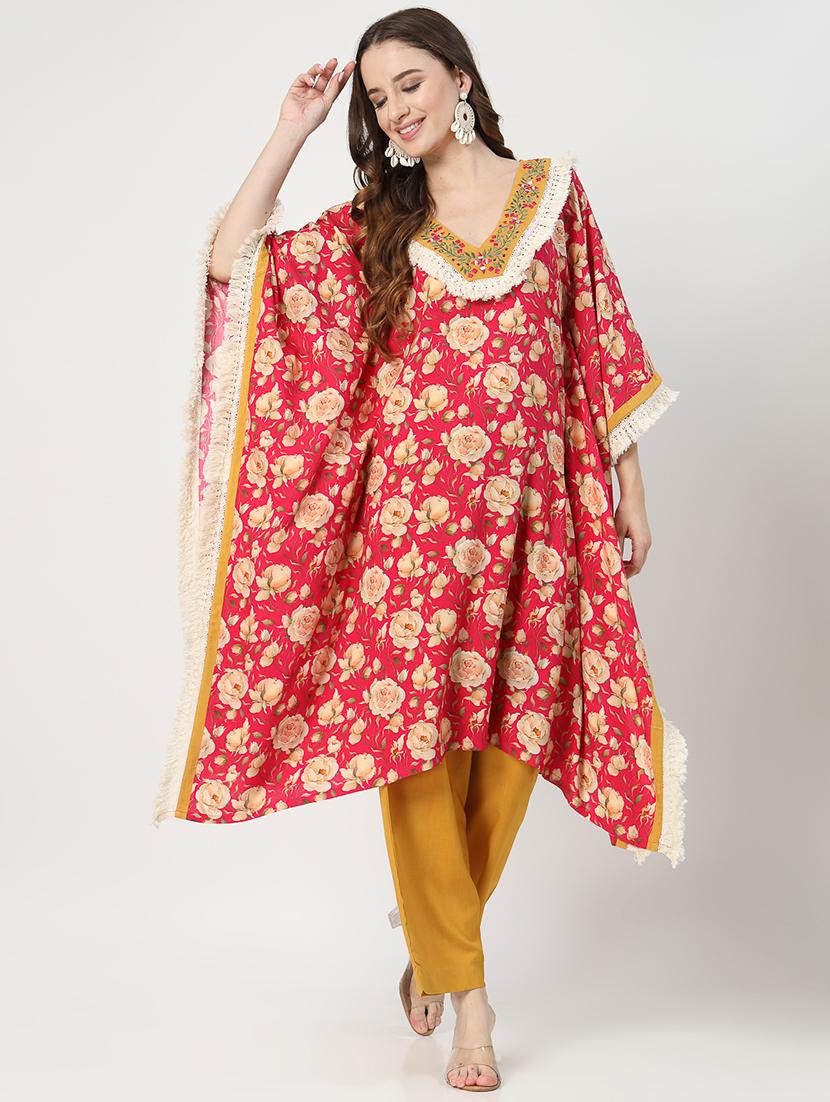 women red floral printed v neck kaftan set - 21644426 - Standard Image - 4